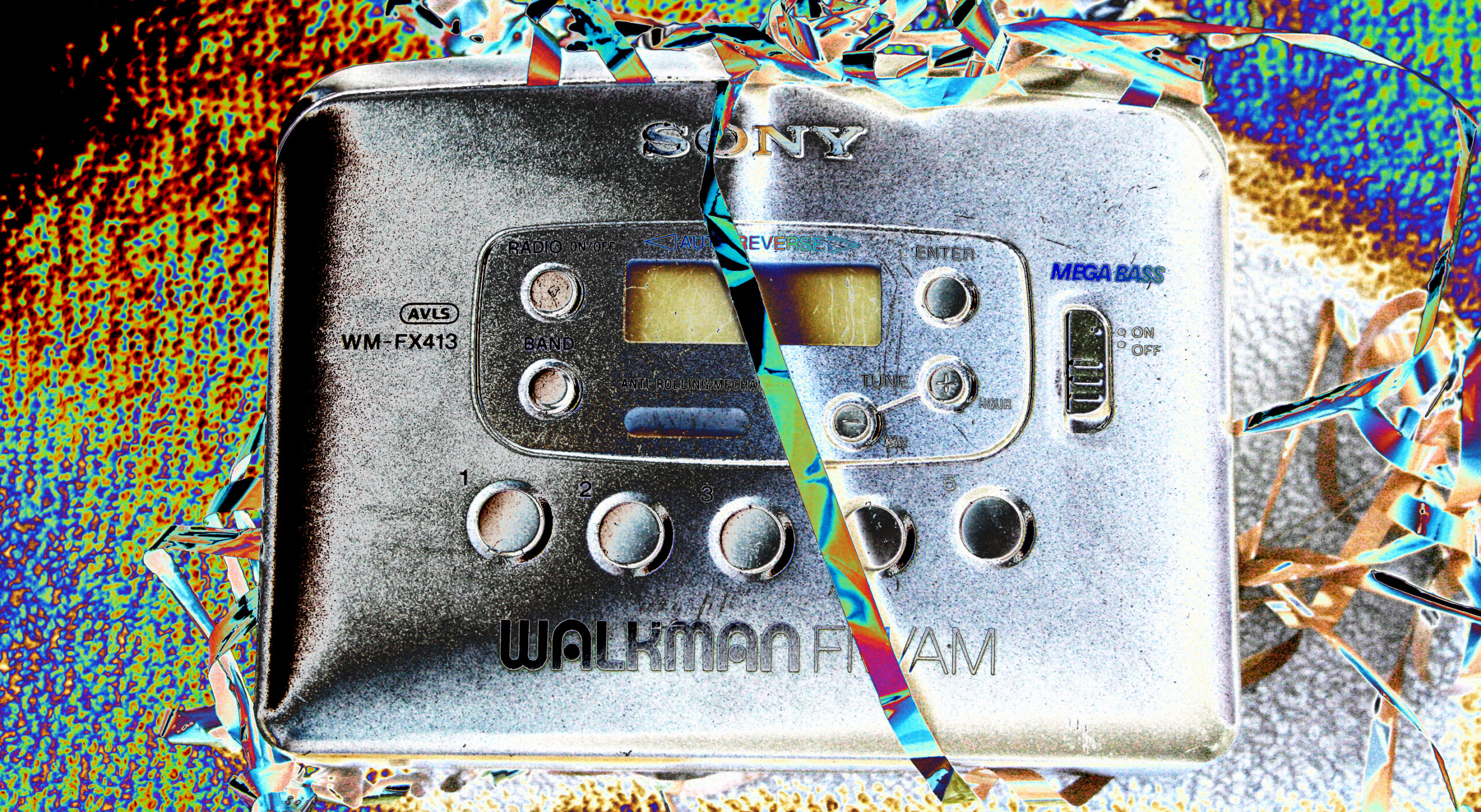 테이프가 늘어진 소니의 워크맨 카세트 테이프이다.